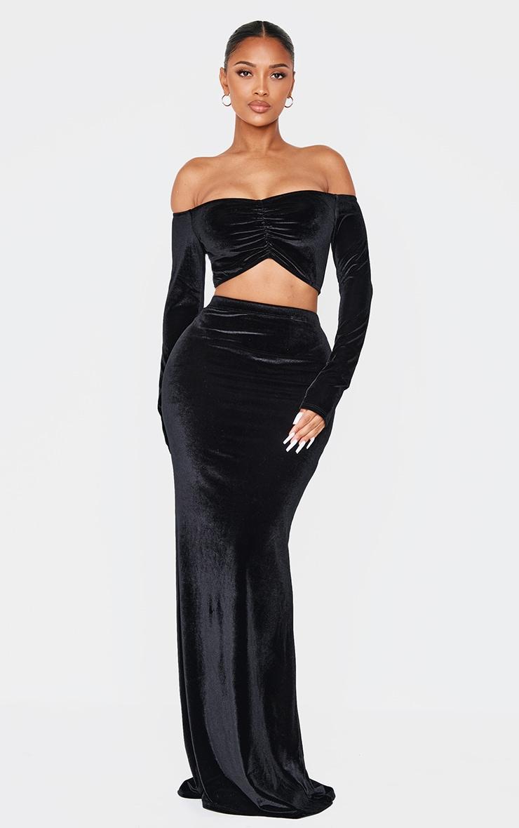Shape Black Velour Bardot Ruched Sleeve Crop Top Product Image