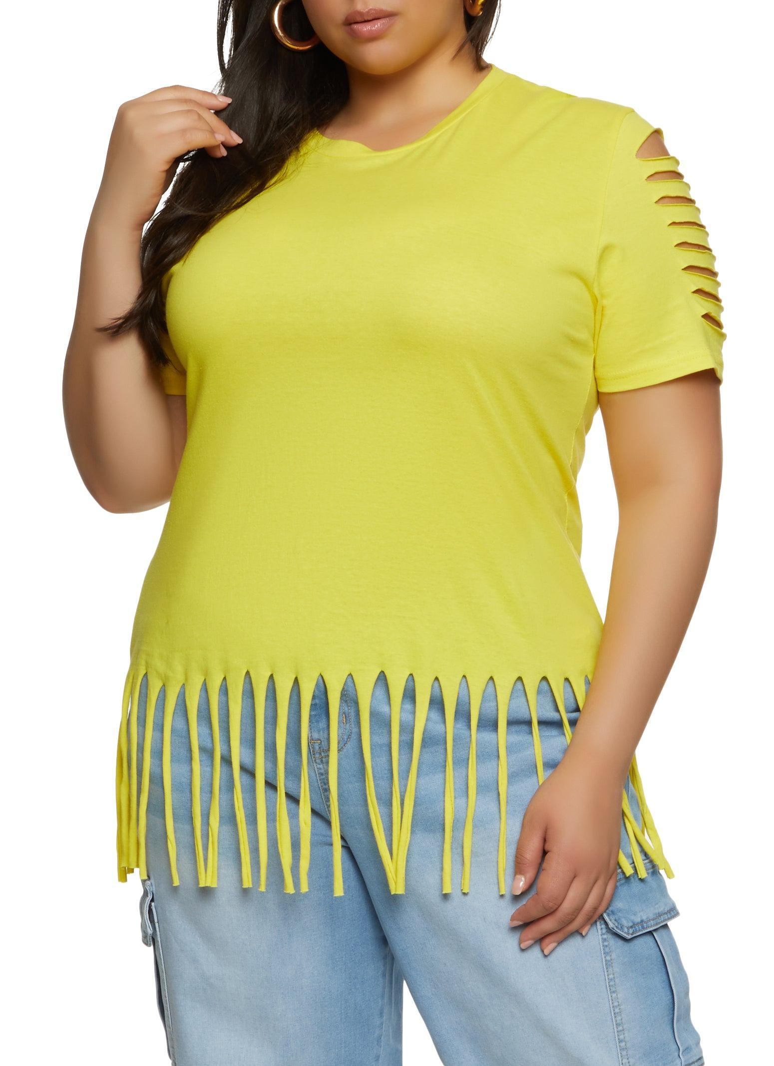 Womens Plus Size Laser Cut Fringe Hem Tee Product Image