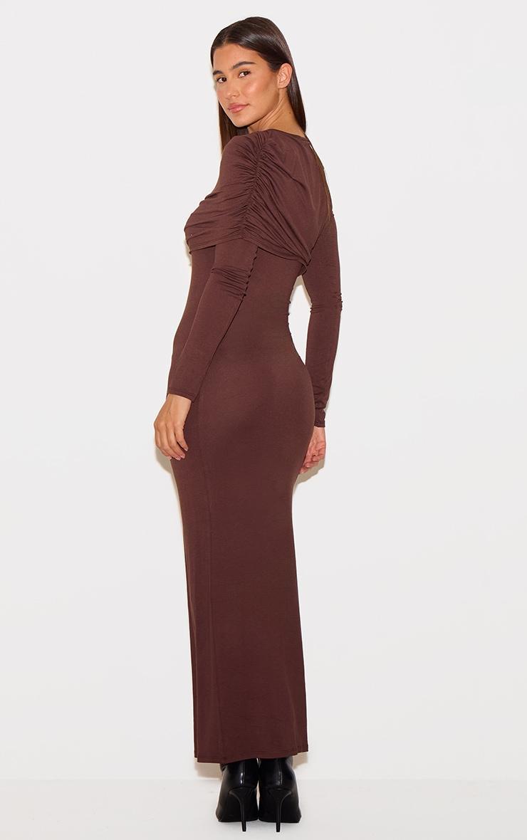 Chocolate Ruched Overlay Long Sleeve Maxi Dress Product Image