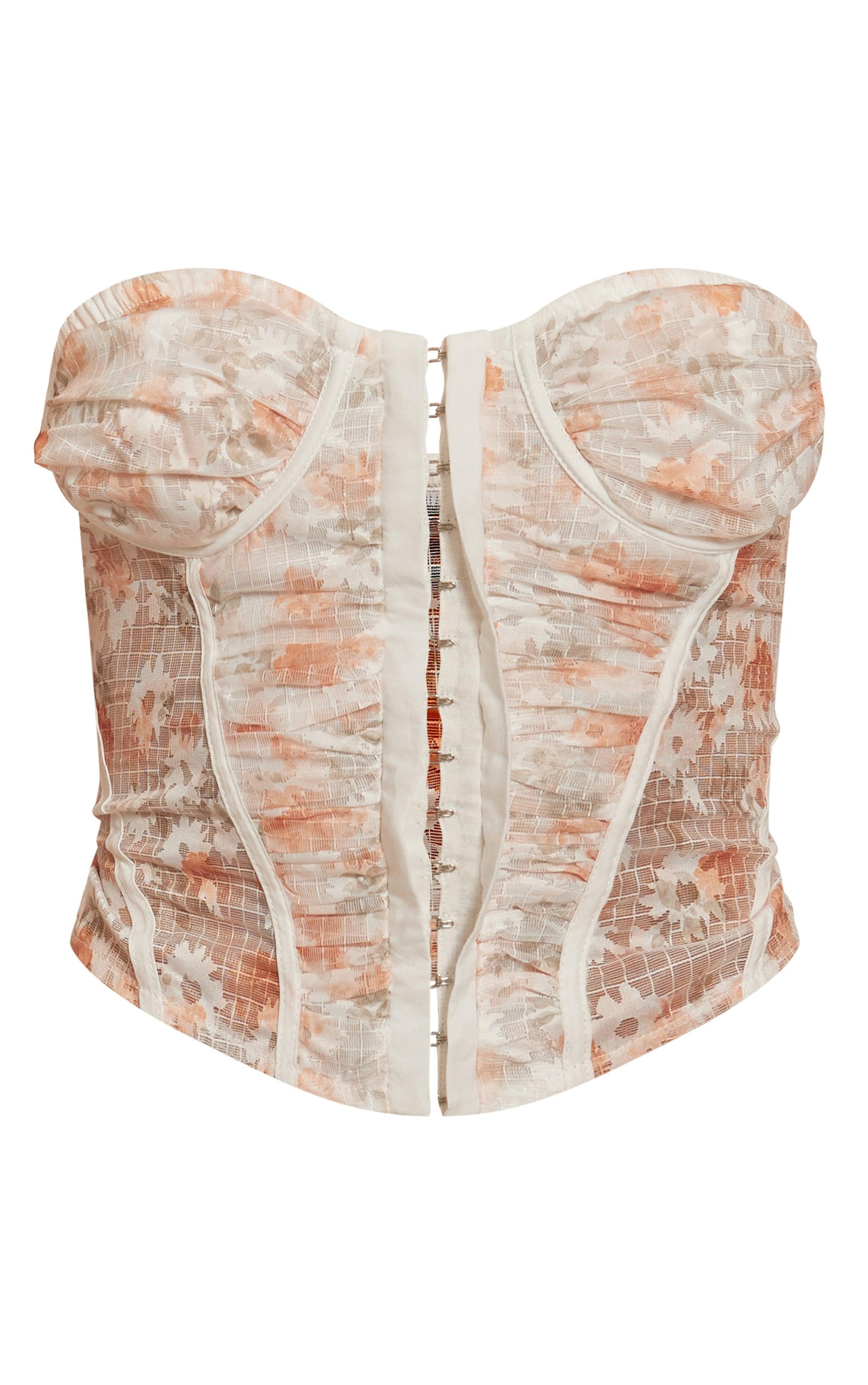 Peach Floral Print Ruched Mesh Corset Product Image