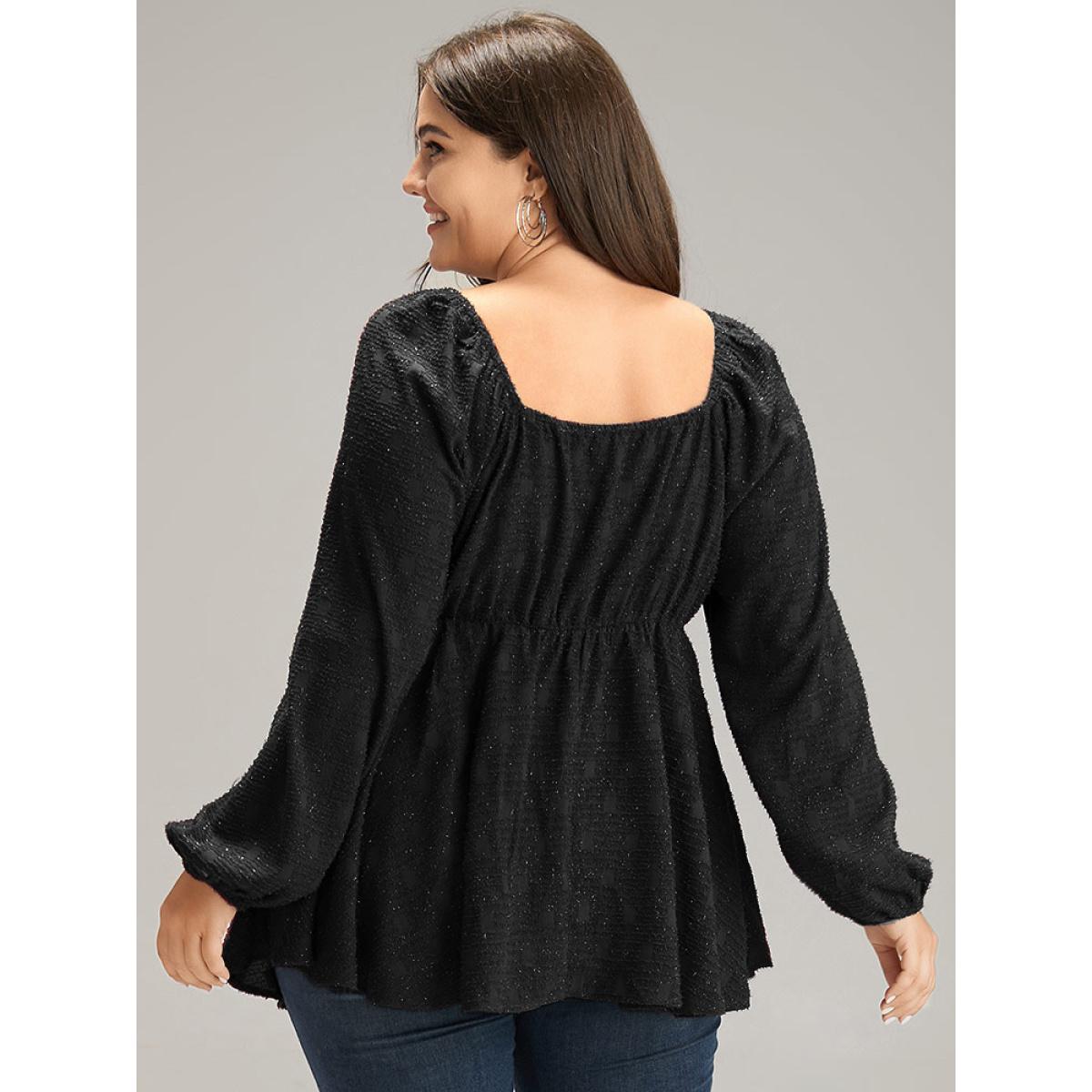 Plus Size Black Solid Glitter Twist Front Gathered Blouse Women Cocktail Long Sleeve V-neck Party Blouses BloomChic 28/5X Product Image