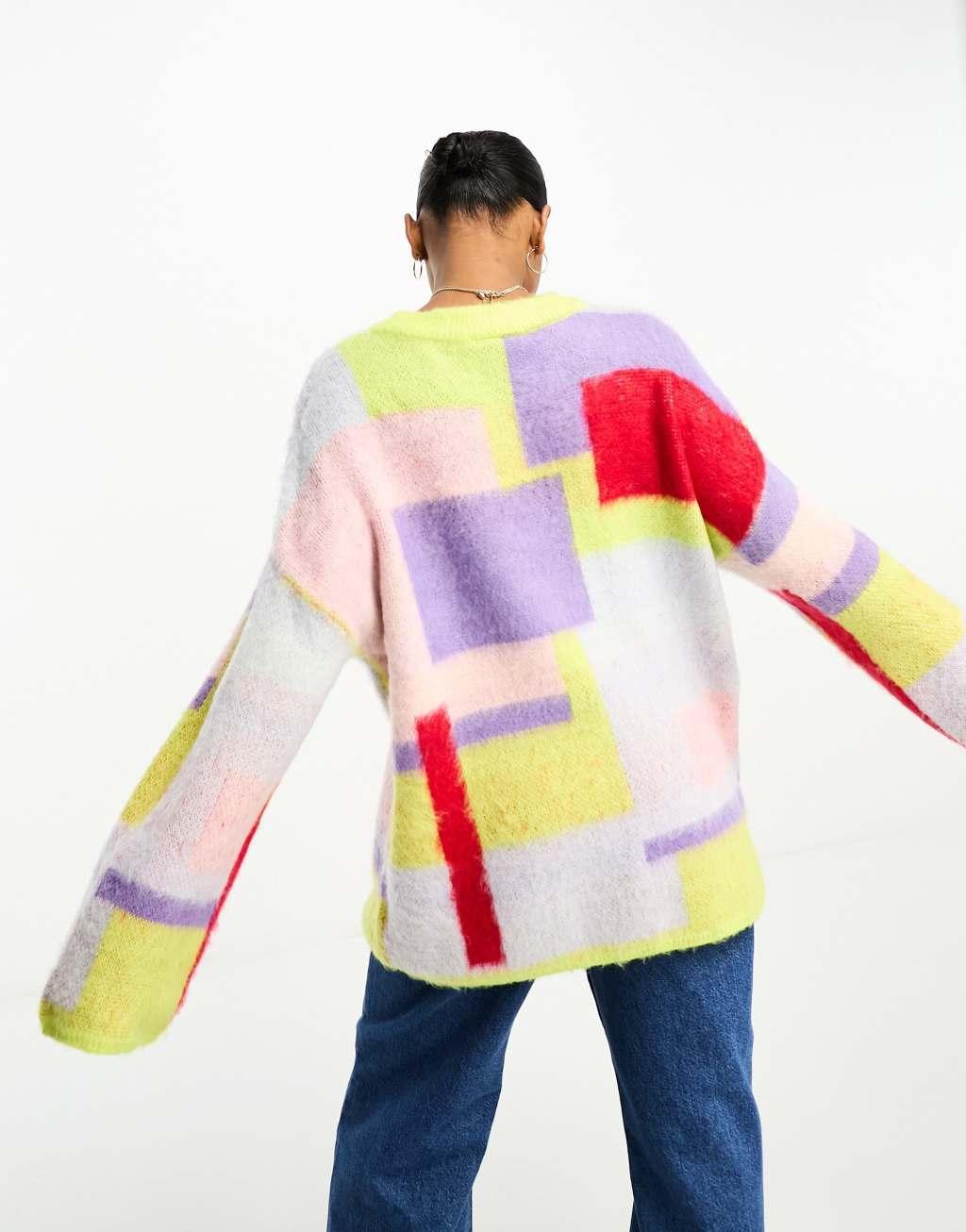 Monki oversized knitted sweater with jacquard color blocking Product Image