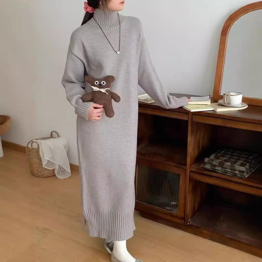 Mock Neck Plain Midi Sweater Dress Product Image