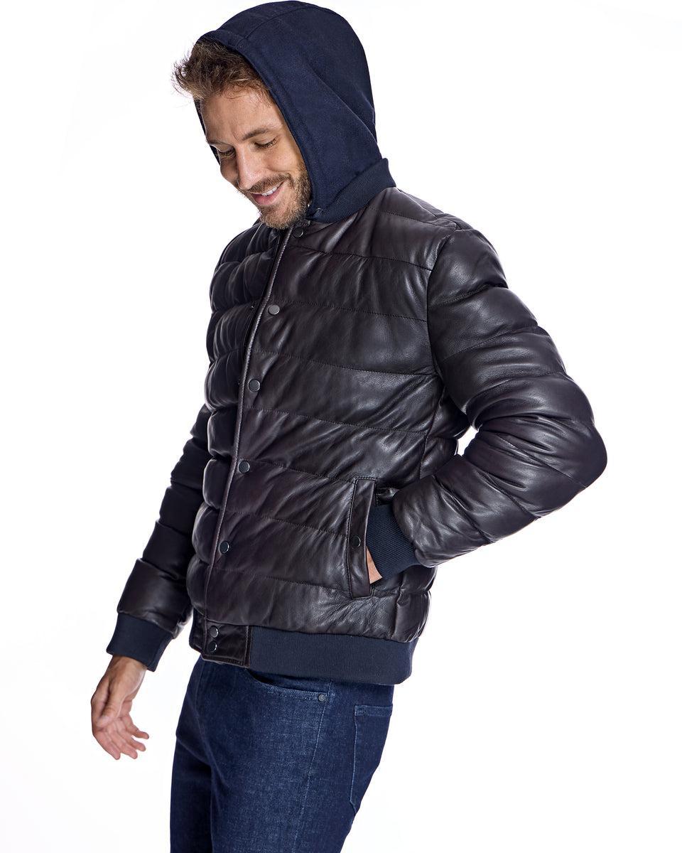 Men's Leather Puffer Jacket with Hood Product Image
