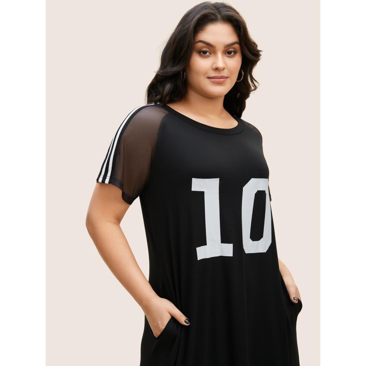 Plus Size Number Print Striped Mesh Patchwork Midi Dress Black Women Casual See through Round Neck Short sleeve Curvy BloomChic 14-16/1X Product Image