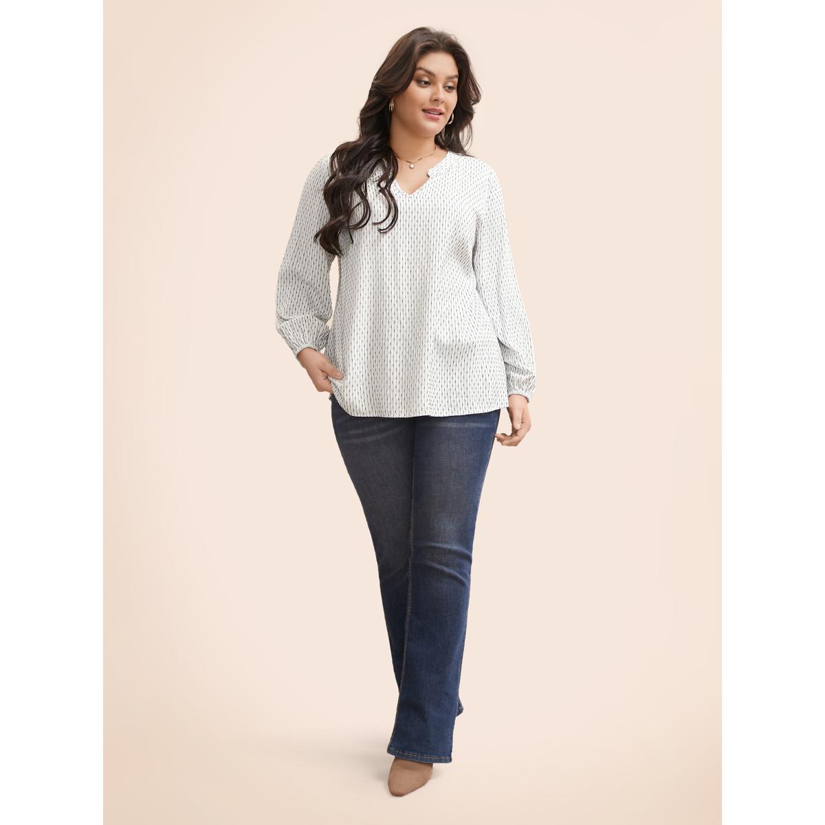 Plus Size WhiteSmoke Notched Textured Lantern Sleeve Blouse Women Elegant Long Sleeve V-neck Everyday Blouses BloomChic 22-24/3X Product Image