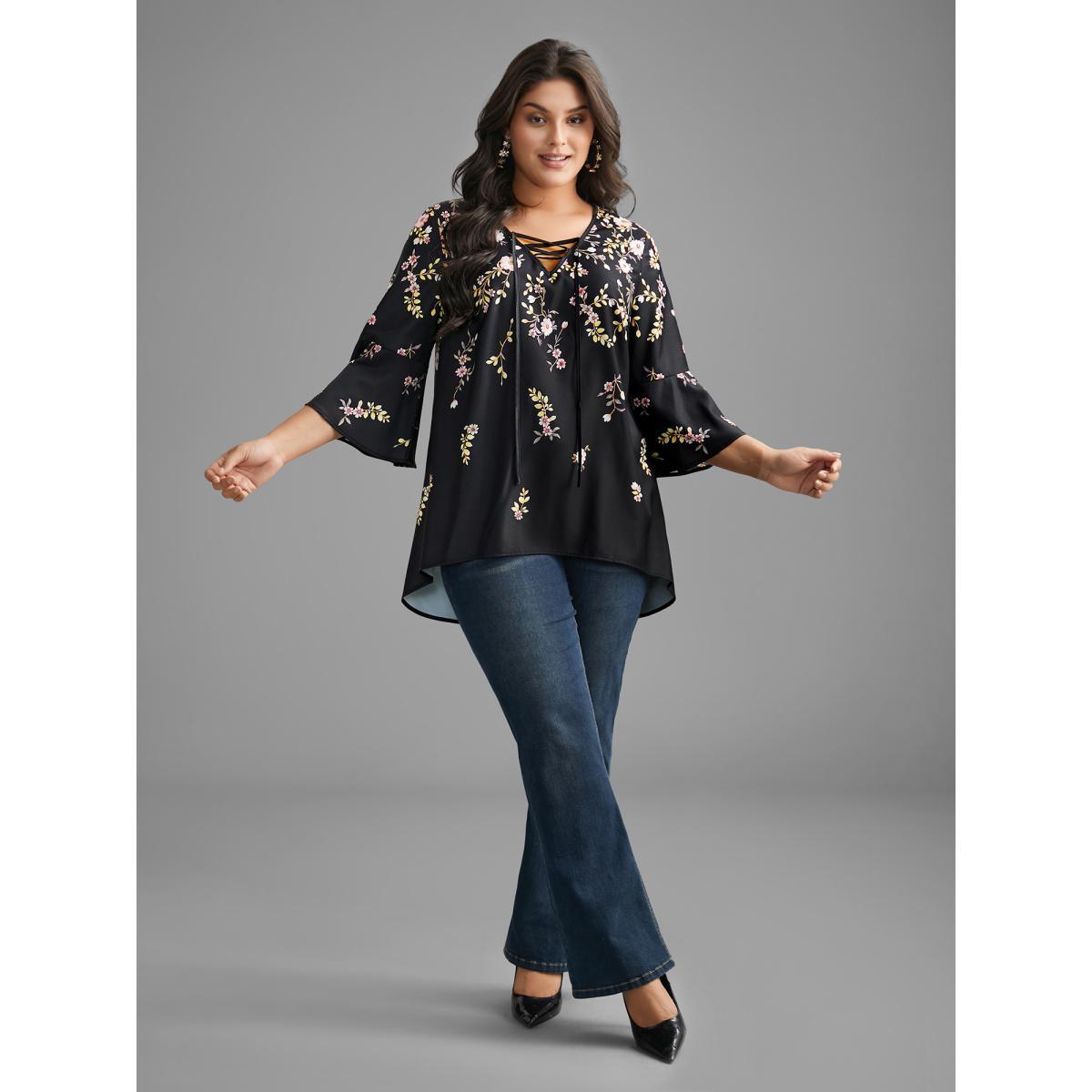 Plus Size BlackFlower Gradient Floral Ruffle Sleeves Blouse Women Elegant Elbow-length sleeve V-neck Everyday Blouses BloomChic 14-16/1X Product Image