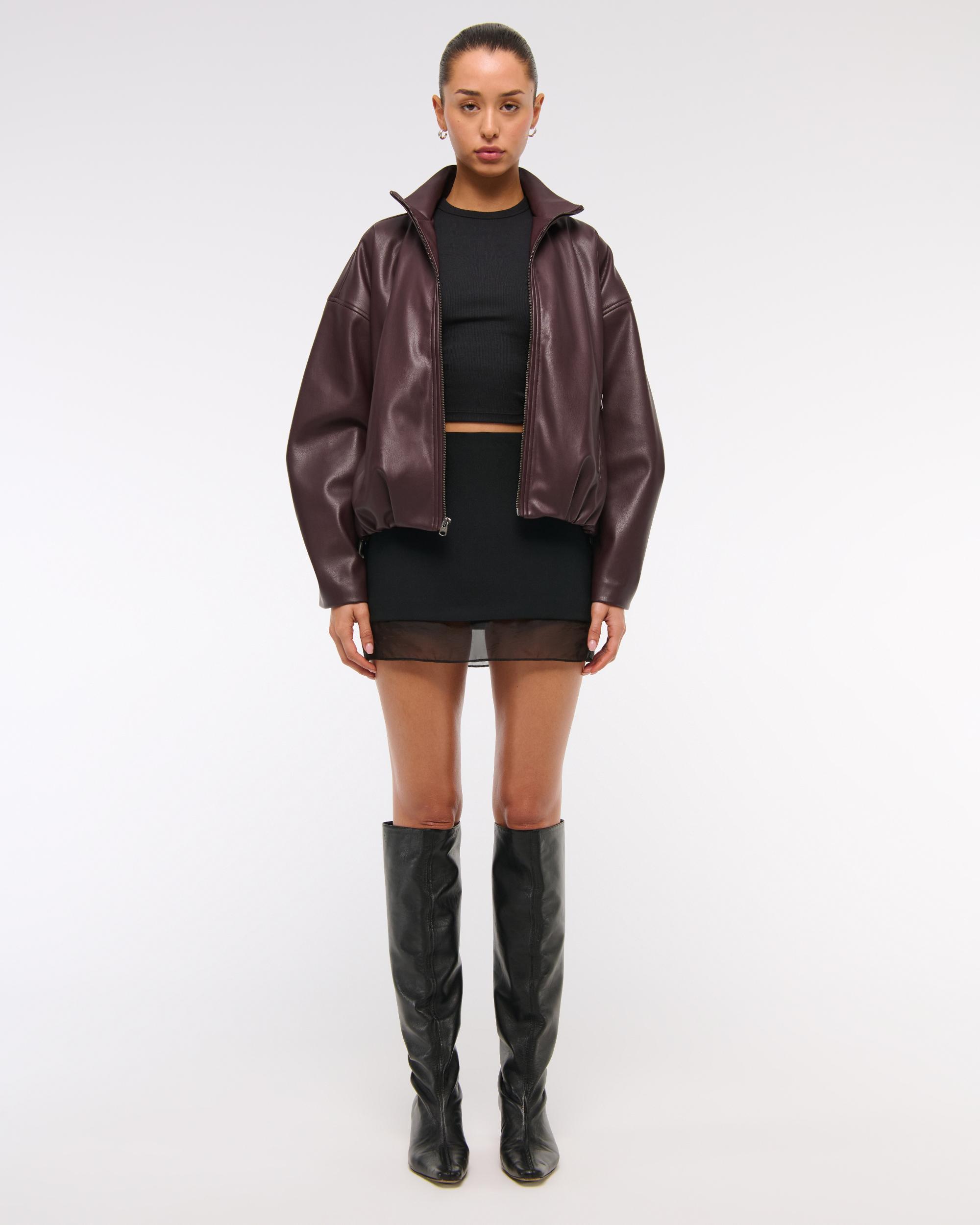 Bubble Hem Vegan Leather Bomber Jacket Product Image