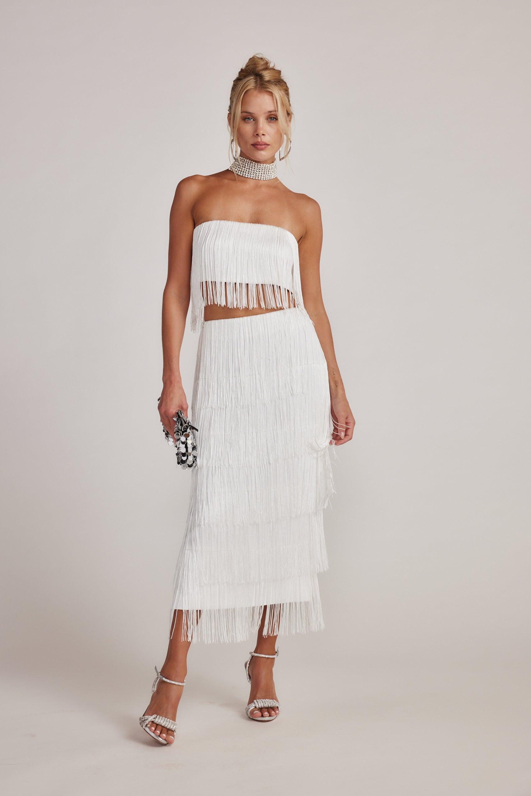 Gatsby White Fringe Midi Skirt Product Image