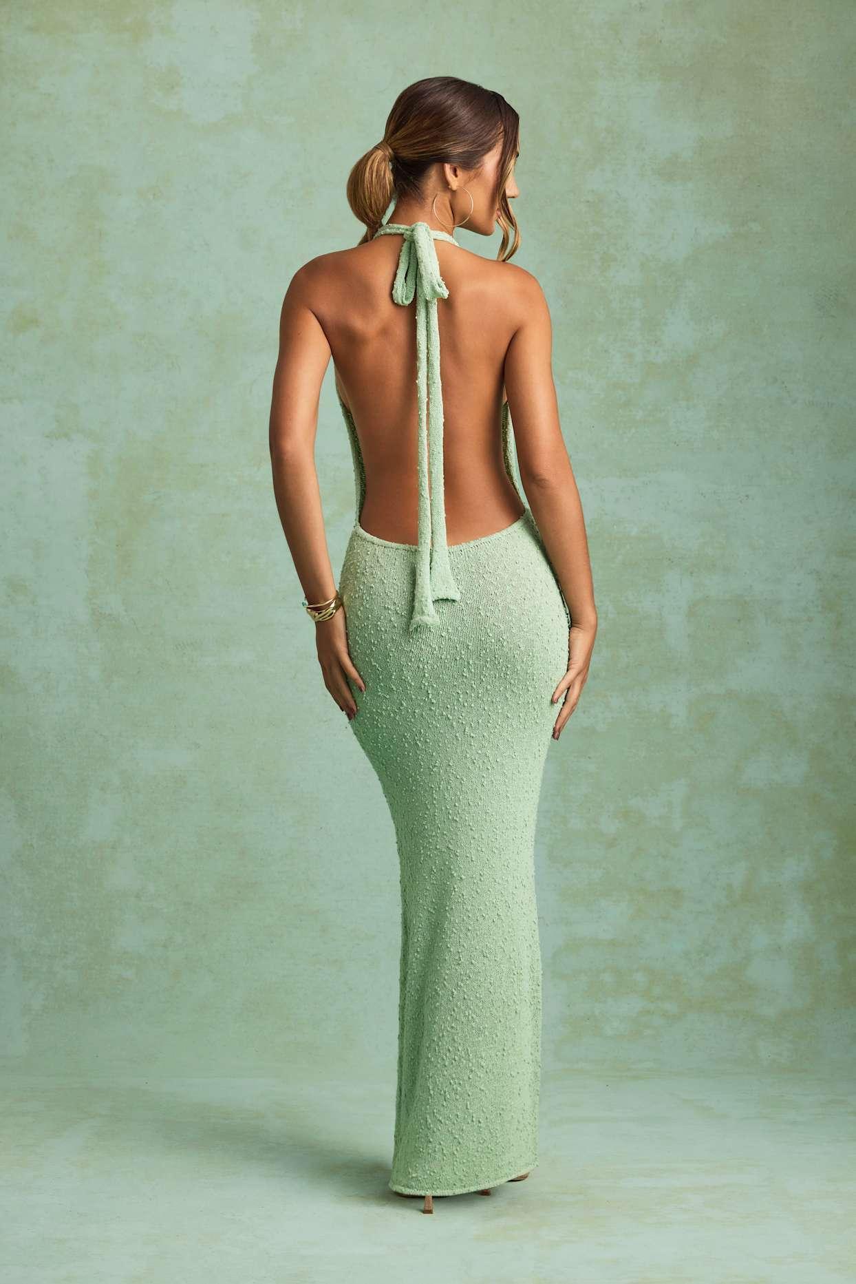 Bouclé Halterneck Maxi Dress in Mint Girls Product Image
