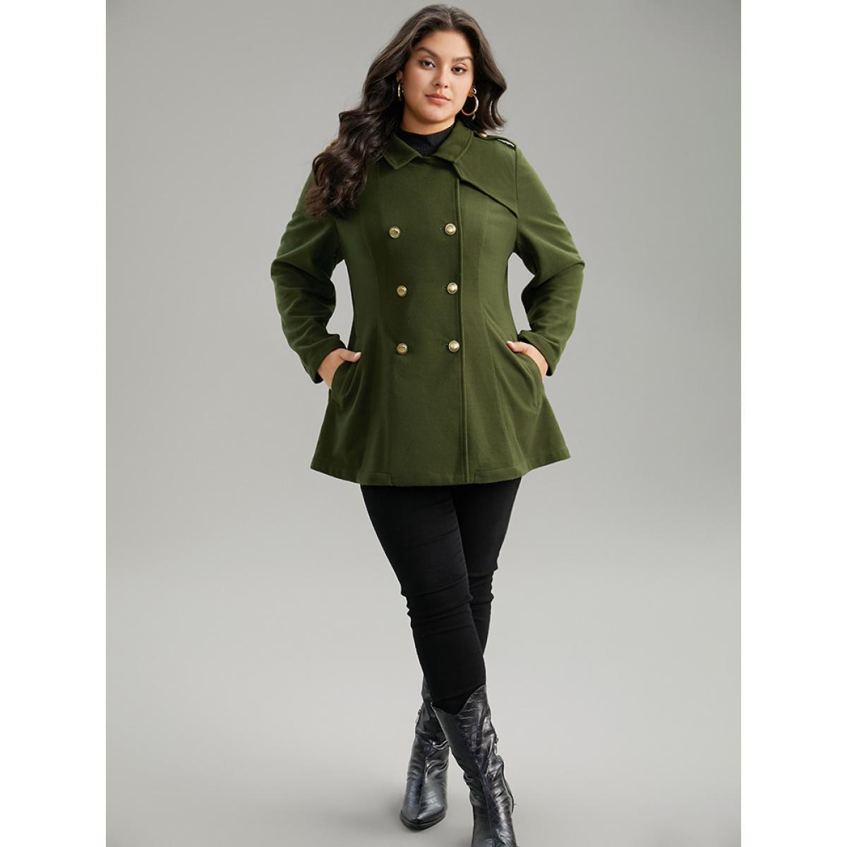 Plus Size Plain Double Breasted Lapel Collar Coat Women ArmyGreen Casual Plain Ladies Dailywear Winter Coats BloomChic 10/M Product Image