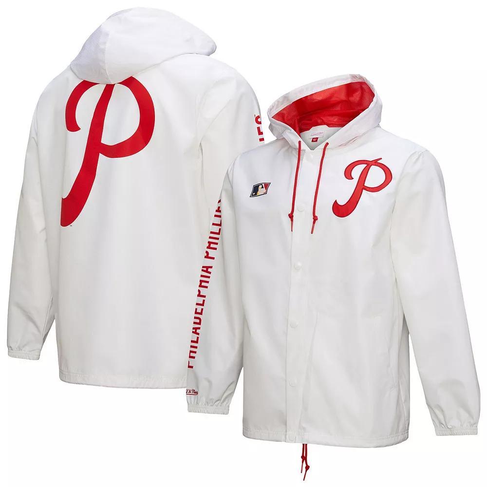 Men's Mitchell & Ness White Philadelphia Phillies Vintage Full-Snap Hooded Coaches Jacket, Size: 4XL Product Image