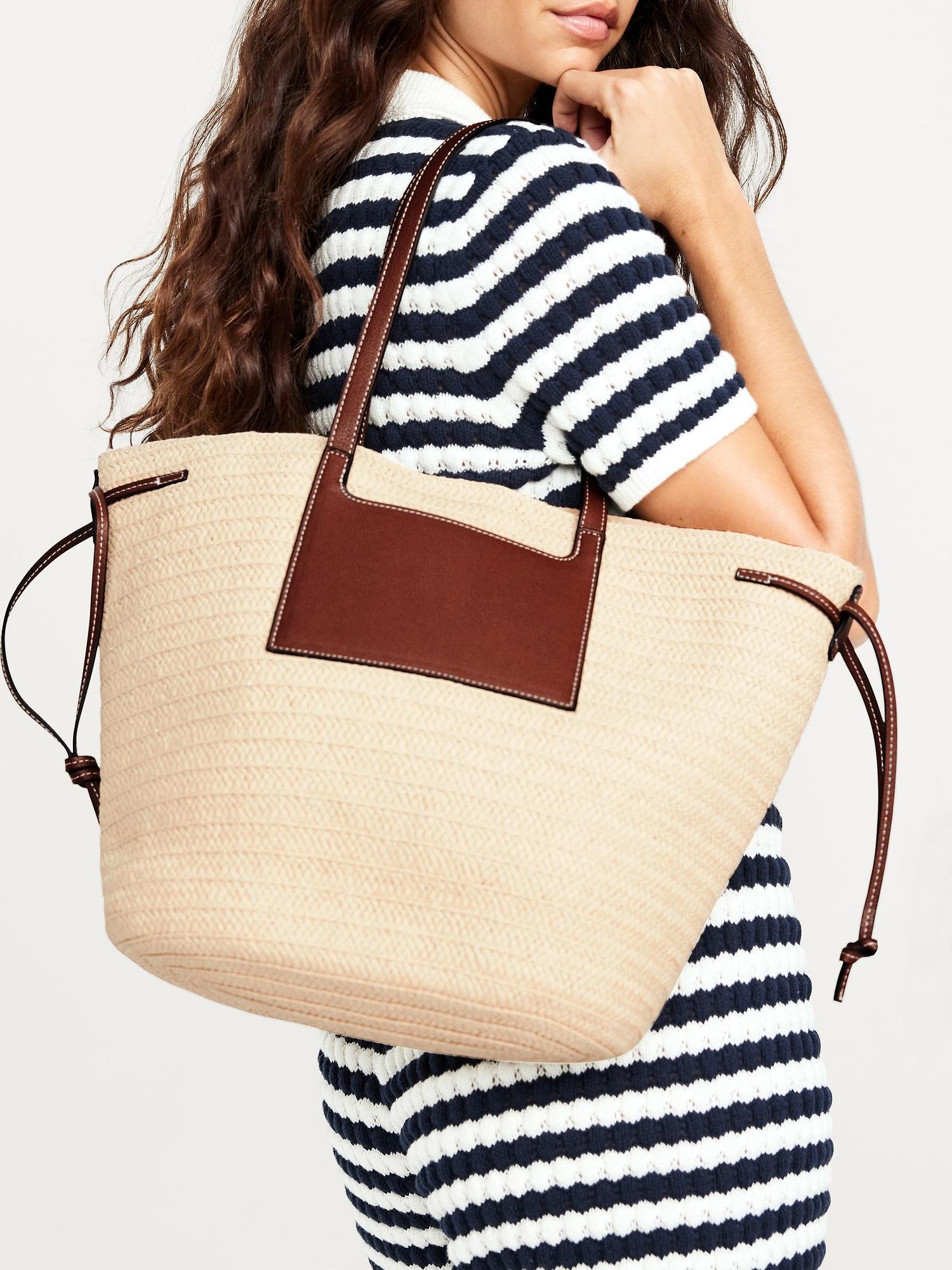 Faux-Leather Drawstring Straw Tote Product Image