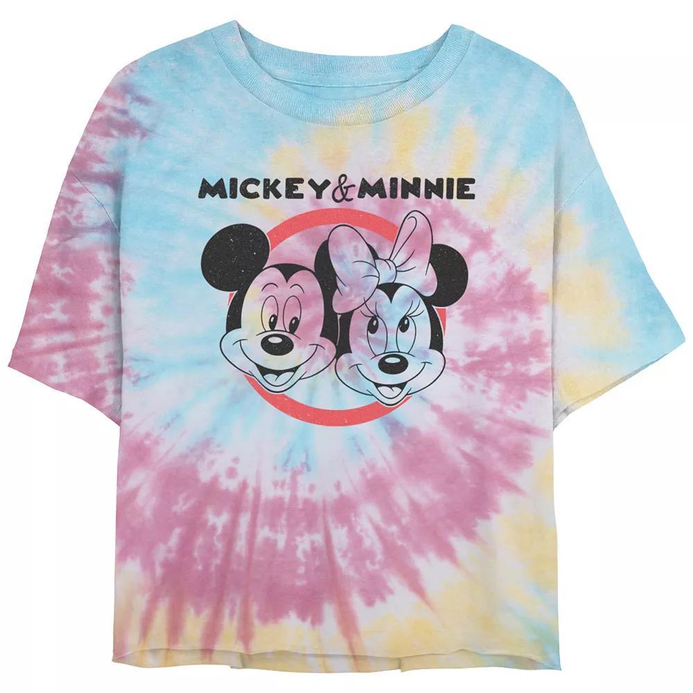 Disney's Mickey Mouse And Minnie Classic Couple Juniors' Cropped Tie Dye Graphic Tee, Women's, Size: Large, Blue Pink Light Yellow Product Image