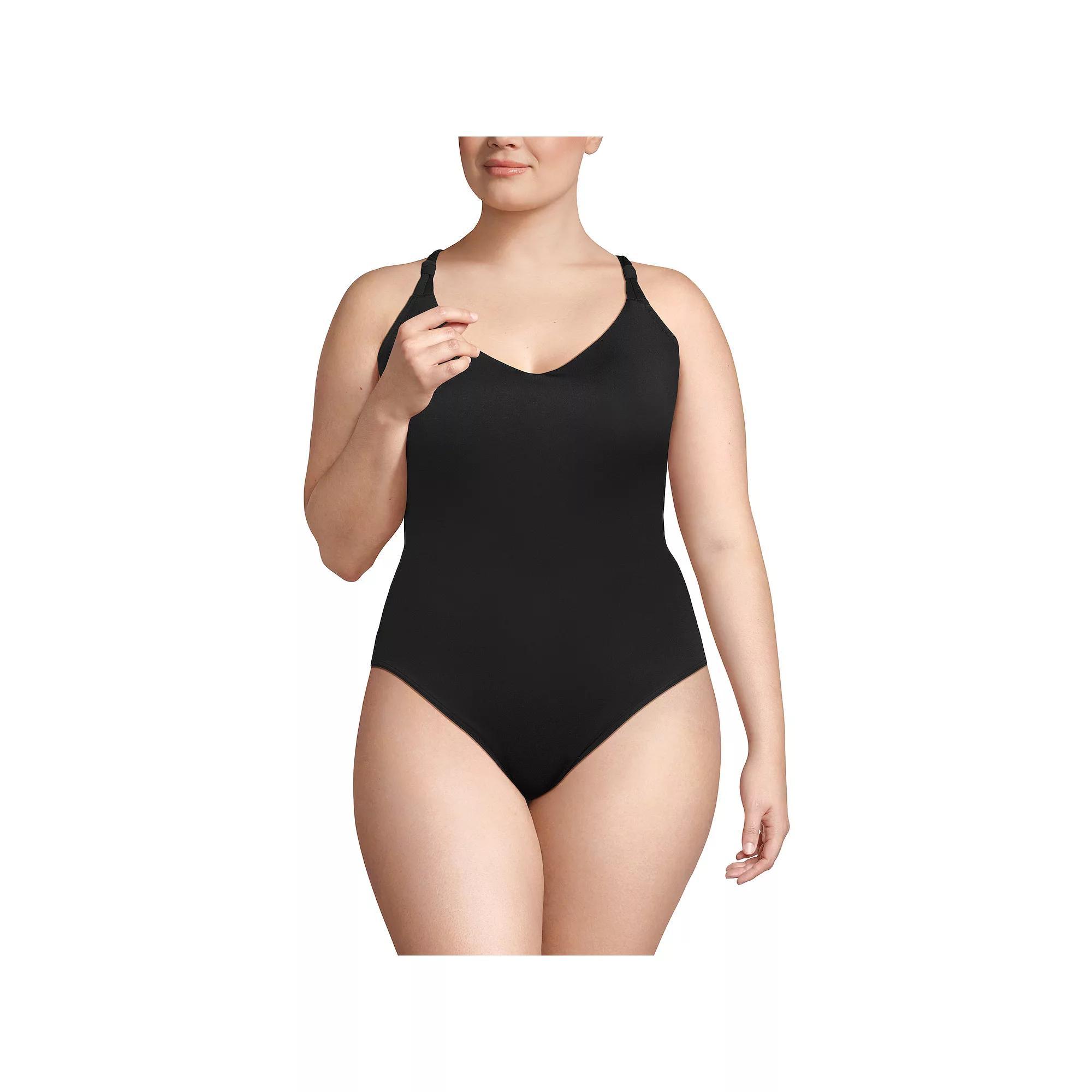 Plus Size Lands' End Tugless QuickDry V-Neck Multi-Way High Leg One Piece Swimsuit, Women's, Size: 16 W, Neon Orange Product Image