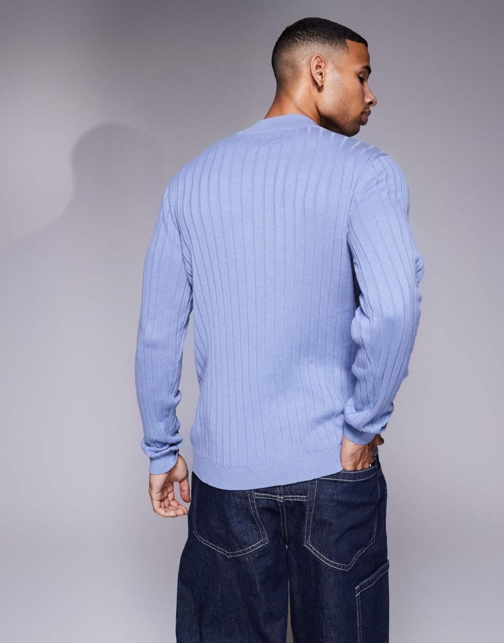 ASOS DESIGN essential muscle fit knitted rib quarter zip sweater in blue Product Image