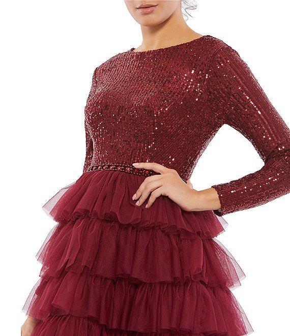 Mac Duggal Tiered Ruffle Crew Neck Long Sleeve Midi Dress Product Image