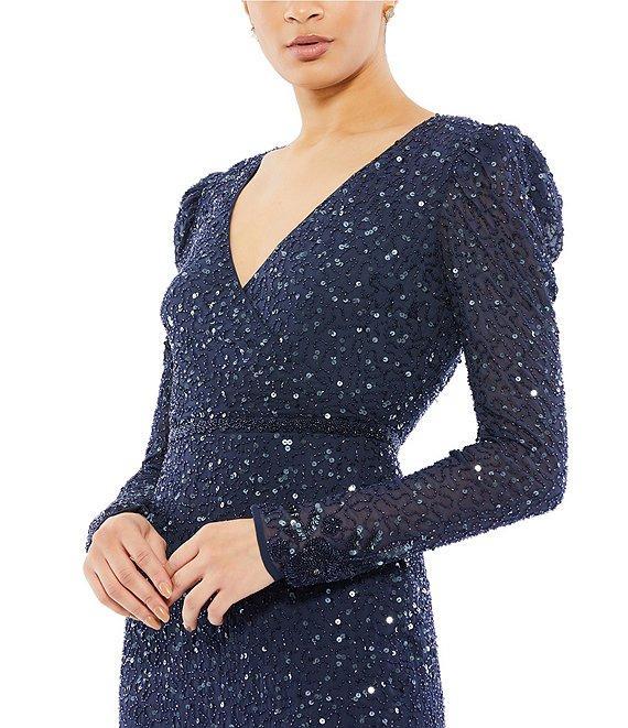 Mac Duggal Sequin Embellished Flounce Hem Surplice V-Neck Long Sleeve Midi Dress Product Image