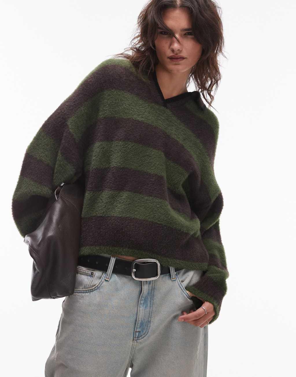 topshop knitted fluffy stripe relaxed polo in gray and green Product Image