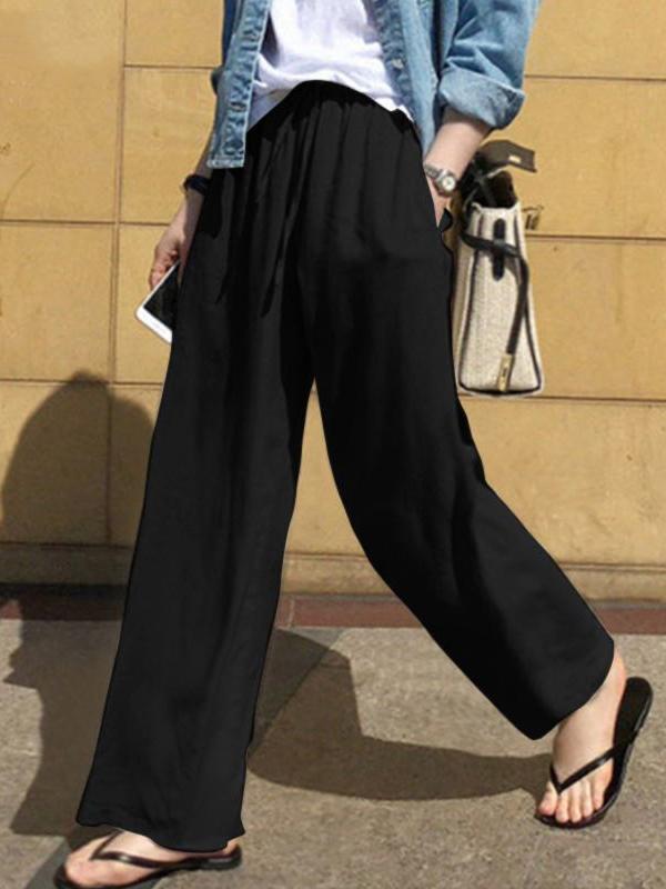 High Waisted Loose Drawstring Pockets Solid Color Pants Trousers Product Image