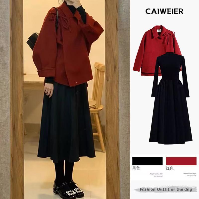 Maternity Asymmetrical Button-Up Coat / Long-Sleeve Mock Neck Midi A-Line Dress Product Image