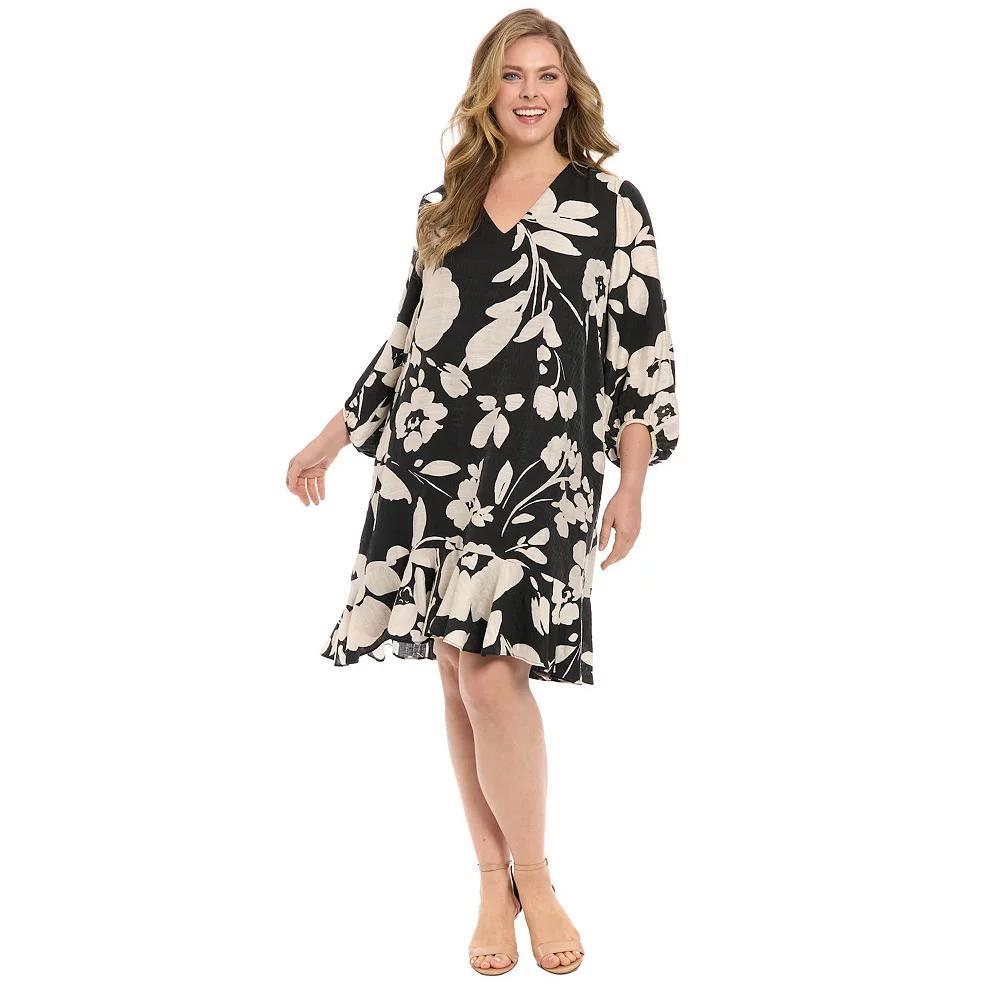 Plus Size London Times V-Neck Printed Shift Dress, Women's, Size: 1XL, Black Ivory Product Image
