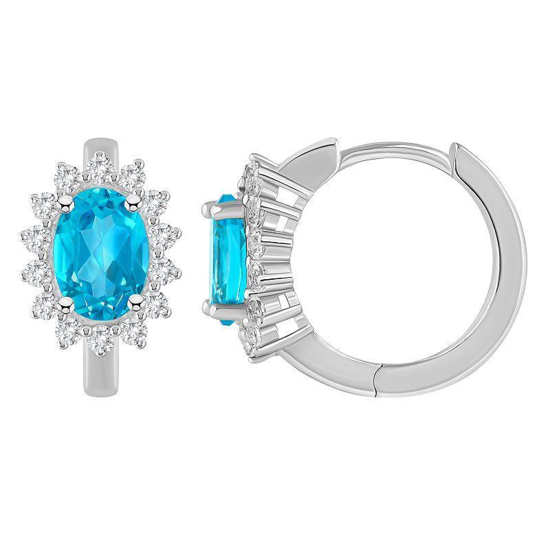 Celebration Gems Sterling Silver Oval Gemstone & White Topaz Halo Huggie Hoop Earrings, Women's, Peridot Product Image