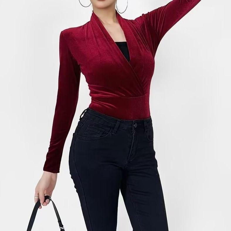 Long Sleeve V-Neck Velvet Bodysuit Top Product Image