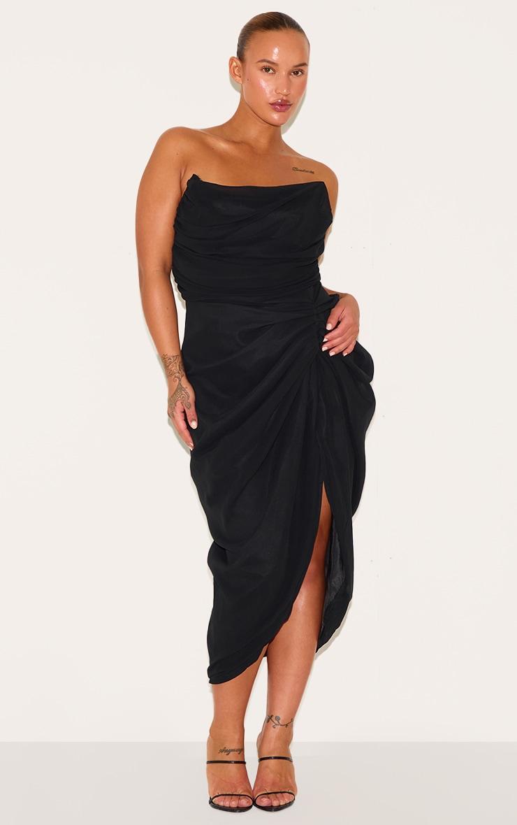 Plus Deep Black Chiffon Corset Bandeau Draped Midi Dress Product Image