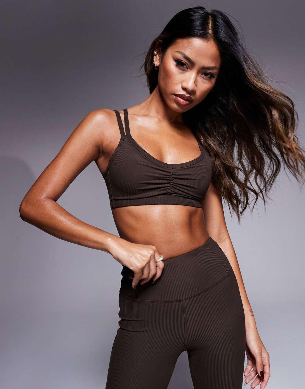 ASOS 4505 soft touch rib light support sports bra in truffle Product Image