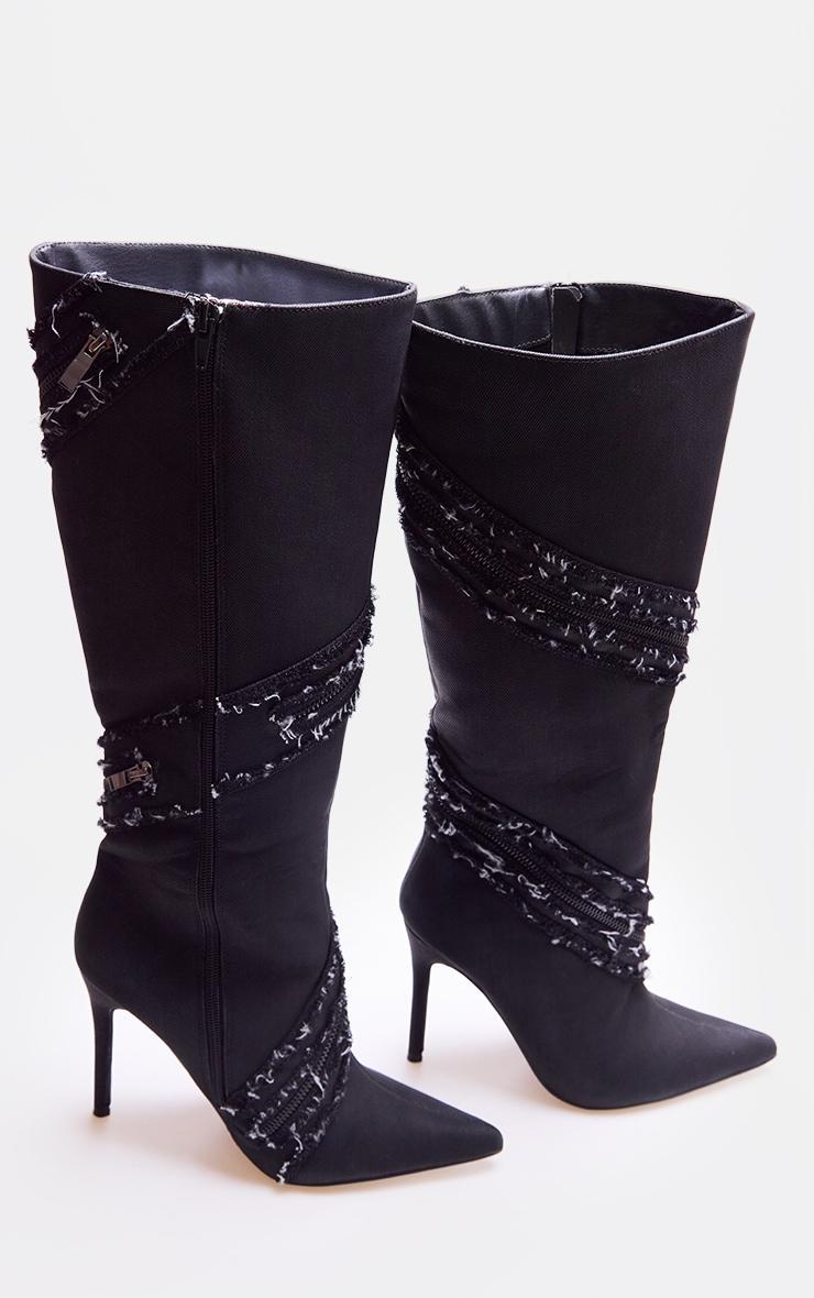 Black Denim Diamante Detail Point Toe High Heeled Knee Boots Product Image