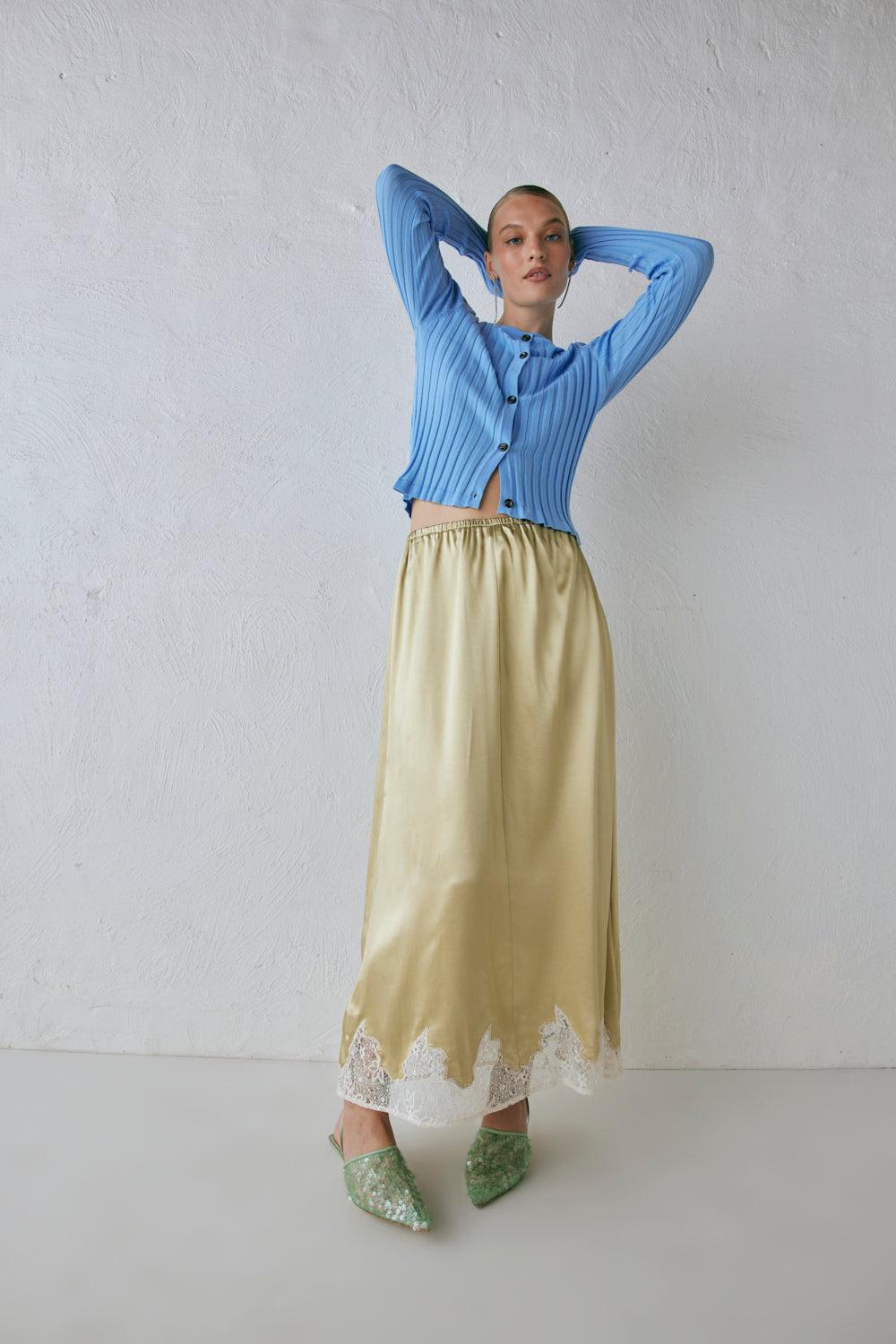 Aisla Satin Midi Skirt Sage Product Image