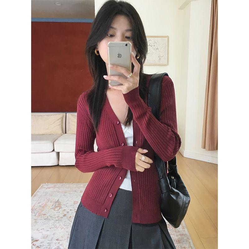 V-Neck Plain Ribbed Cardigan Product Image