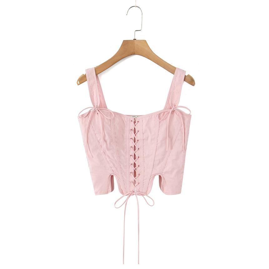 Sleeveless Lace-Up Plain Crop Corset Top Product Image