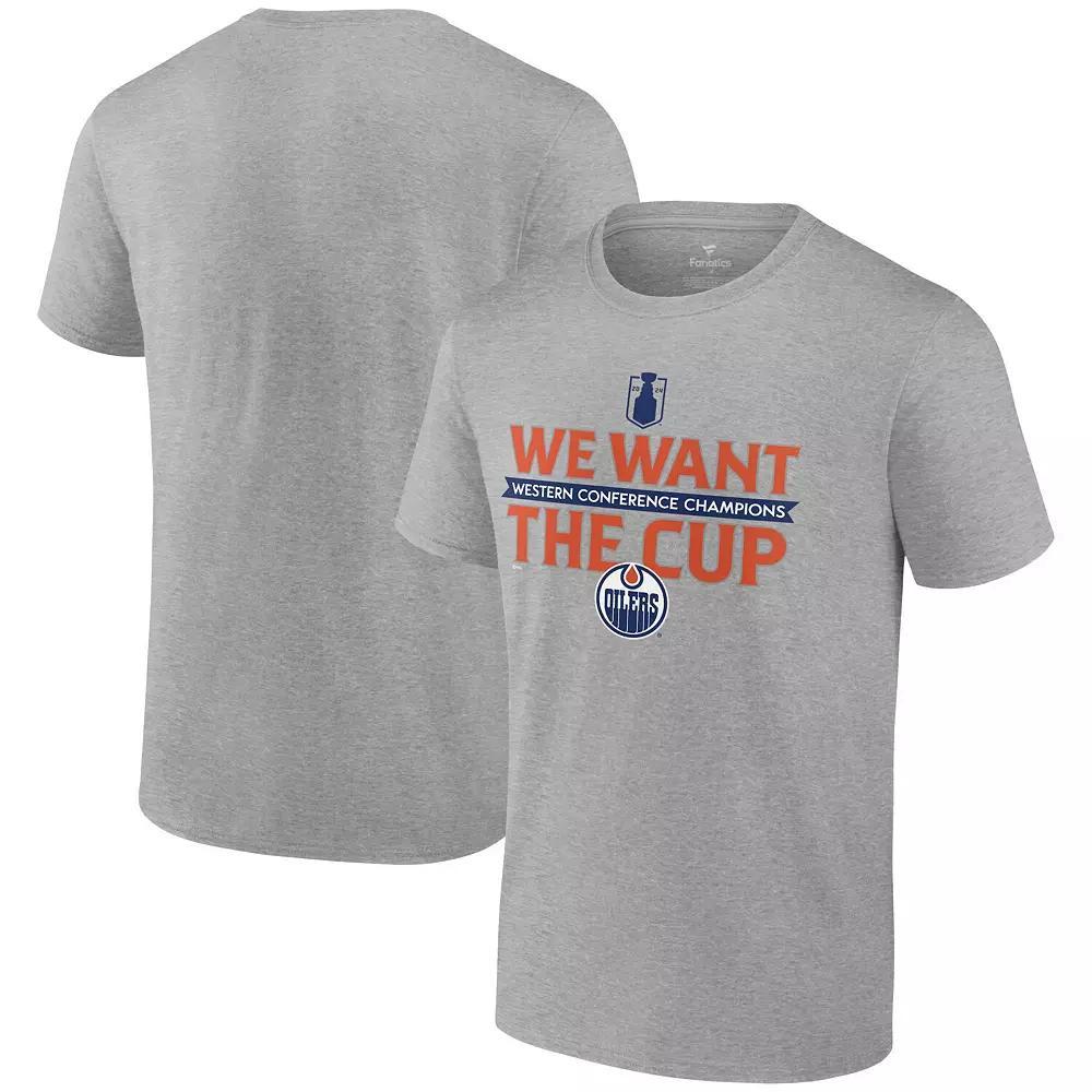 Men's Fanatics  Steel Edmonton Oilers 2024 Western Conference Champions We Want The Cup T-Shirt, Size: Large, Oil Silver Product Image