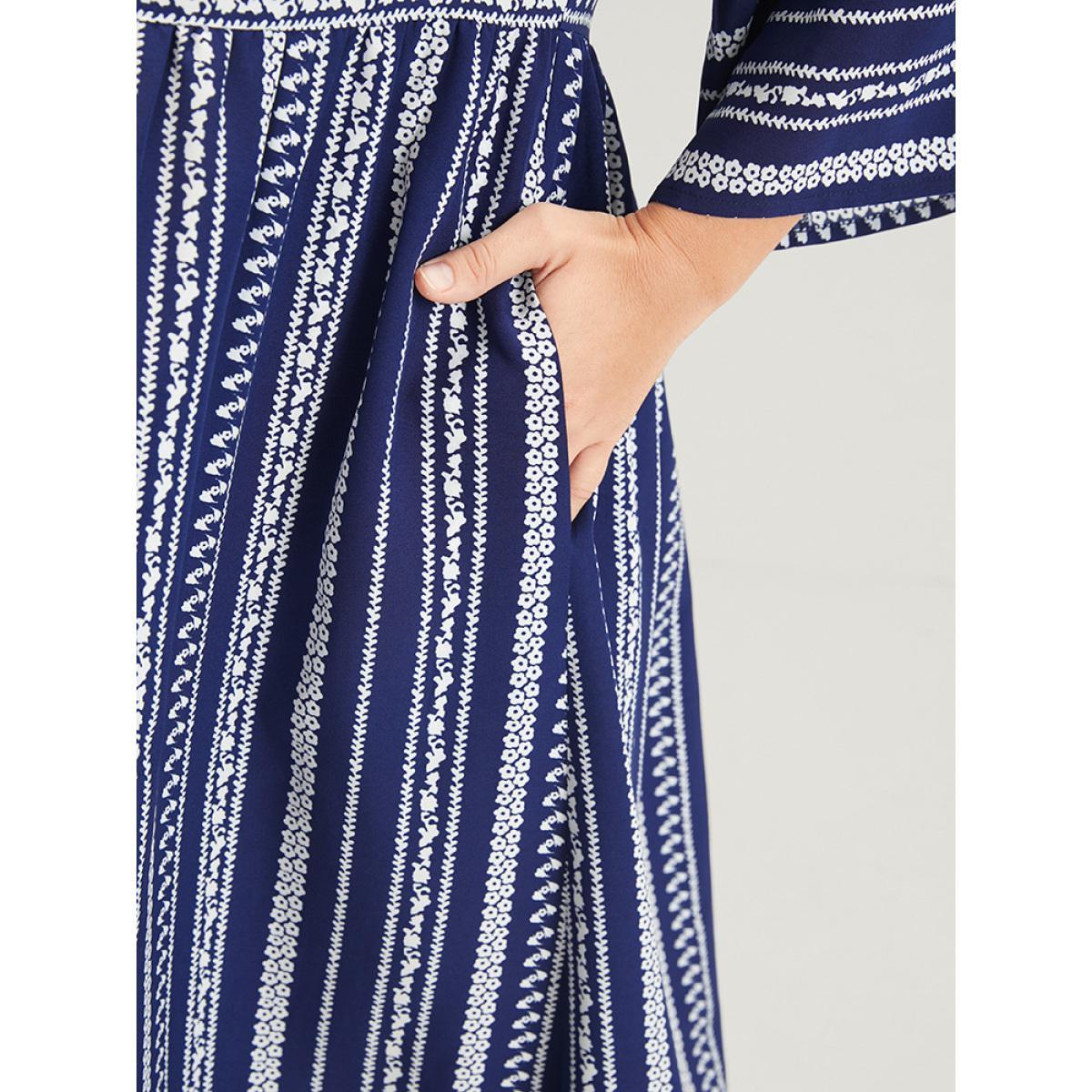 Plus Size Striped Ruffles Button Pocket Bell Sleeve Maxi Dress DarkBlue Women Casual Printed V-neck Elbow-length sleeve Curvy Midi Dress BloomChic 22-24/3X Product Image