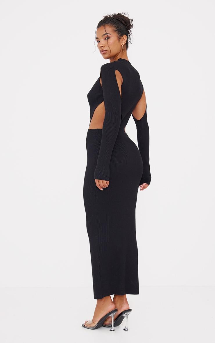 Black Textured Rib Knit Cut Out Maxi Dress Product Image