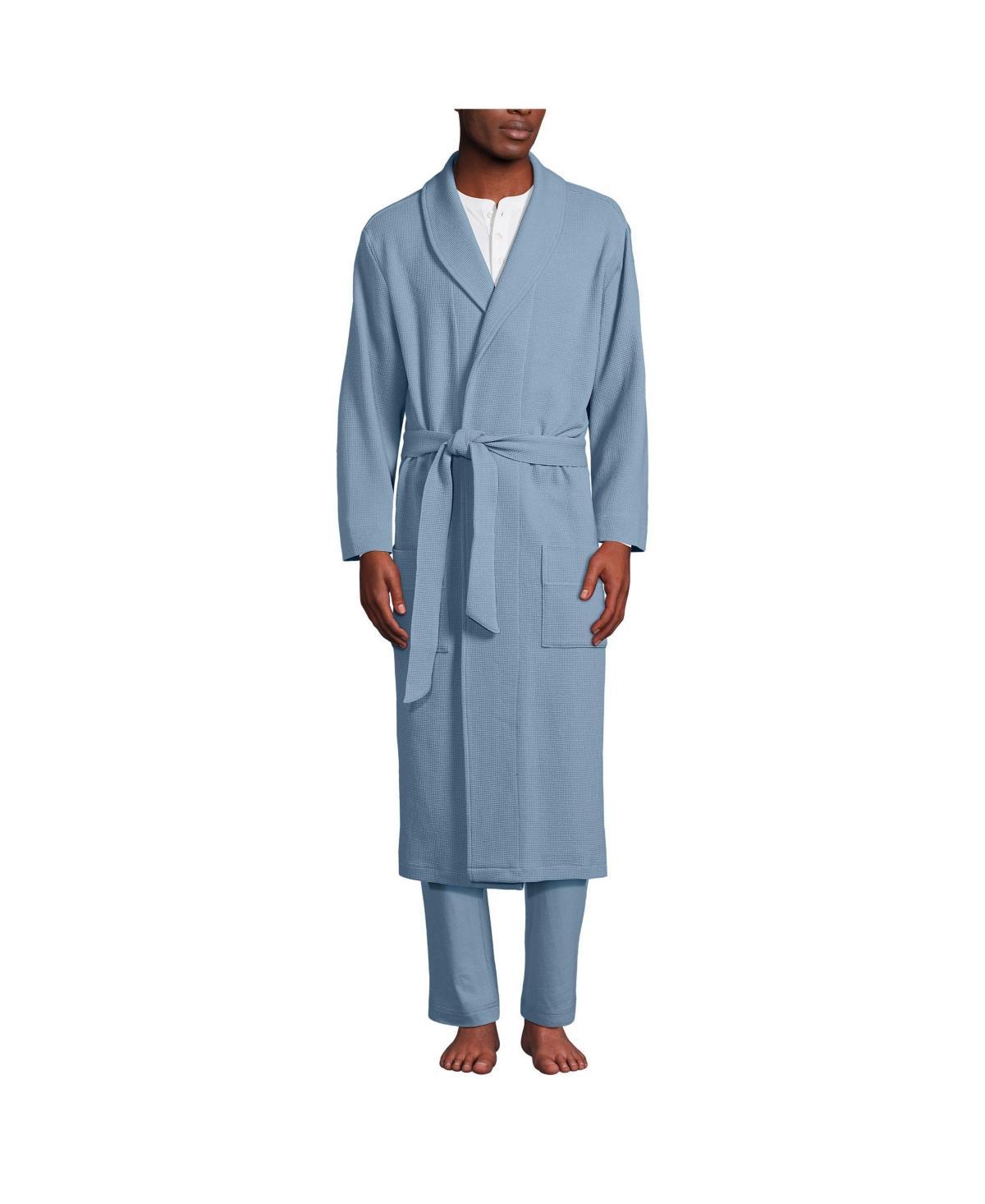 Mens Lands End Cozy Shawl-Collar Waffle-Weave Robe Pale Grey Blue Product Image