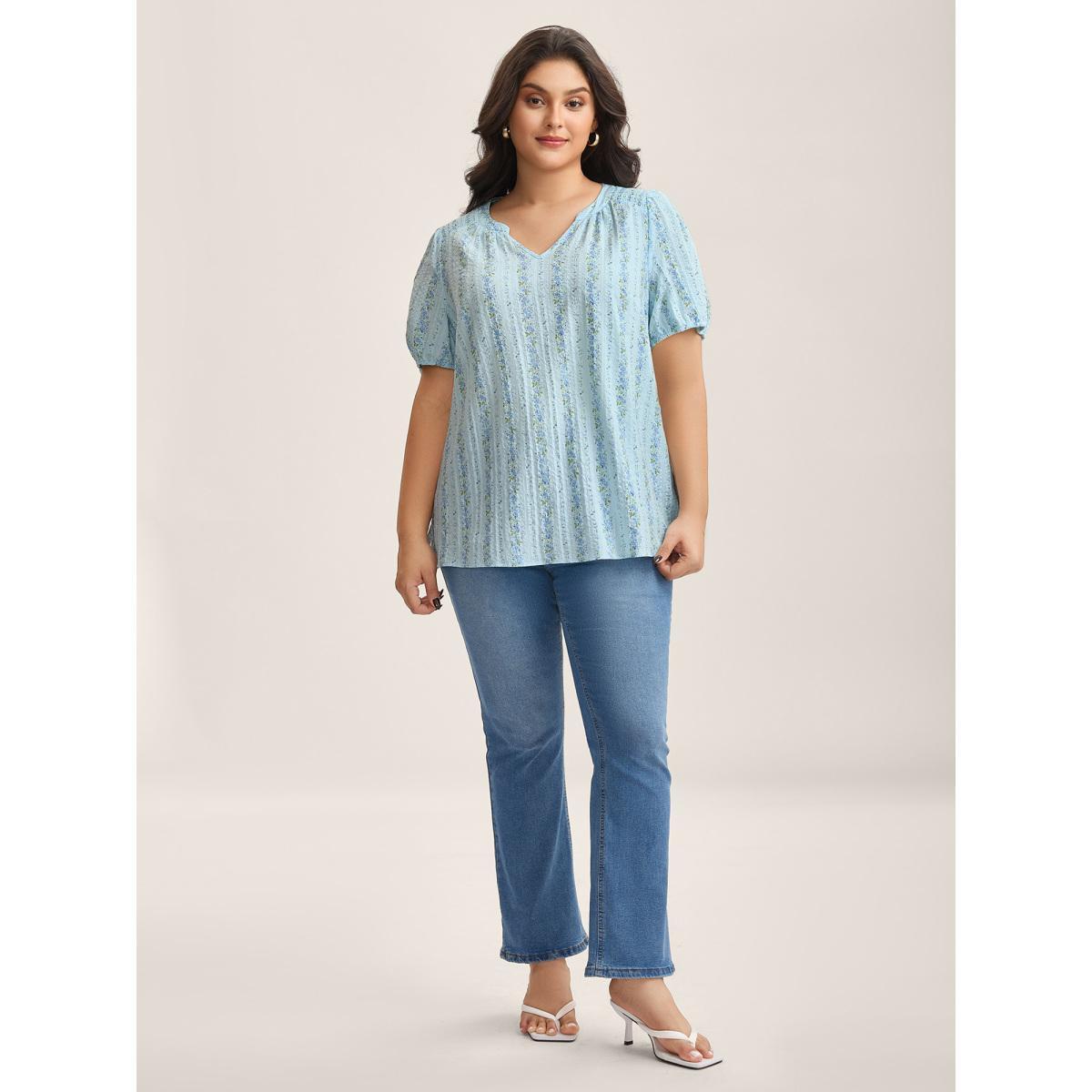 Plus Size LightBlue Cotton Floral Print Notched Collar Blouse Women Timeless Short sleeve Flat collar Elegant Blouses BloomChic 22-24/3X Product Image