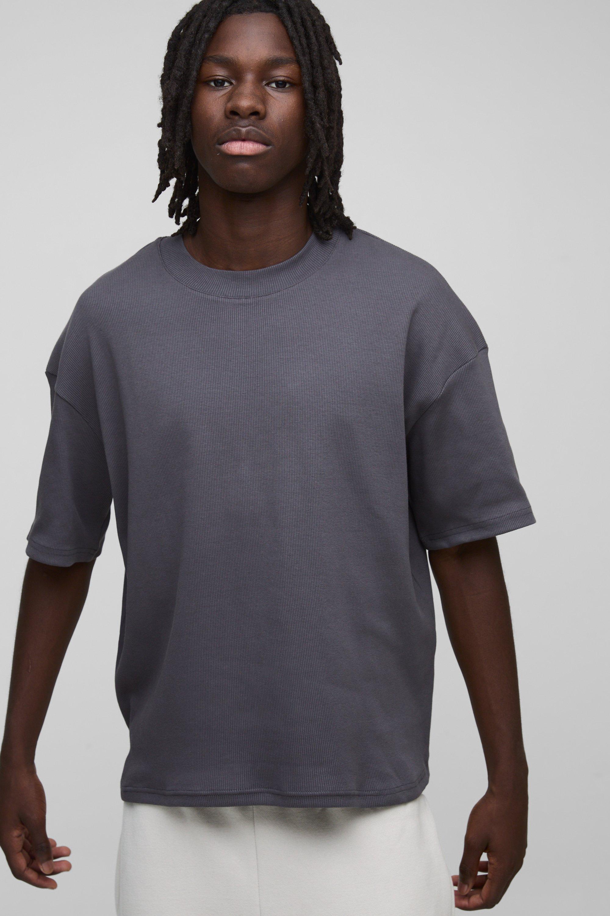 Oversized Boxy Extended Neck Heavyweight Ribbed T-shirt | boohooMAN USA Product Image