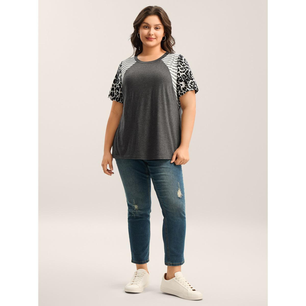 Plus Size Leopard Stripes Raglan Sleeve T-Shirt DimGray Women Contrast Round Neck Everyday-Casual T-shirts BloomChic 30/6X Product Image