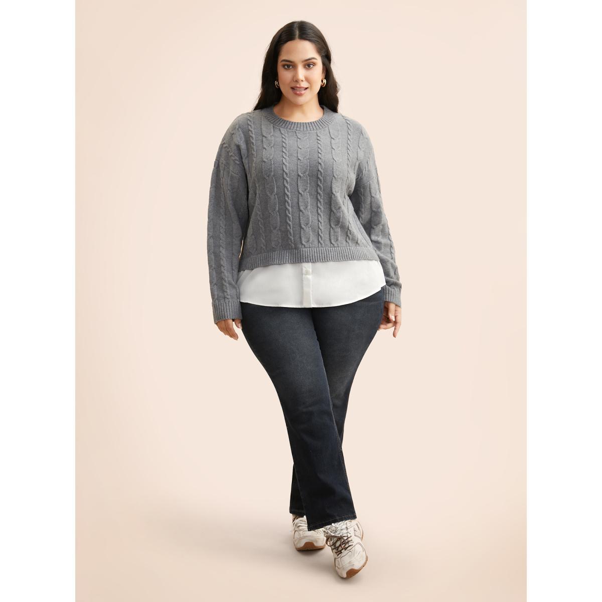 Plus Size Supersoft Essentials Cable Knit Patchwork Pullover DarkGray Women Casual Long Sleeve Round Neck Everyday Pullovers BloomChic 10/M Product Image