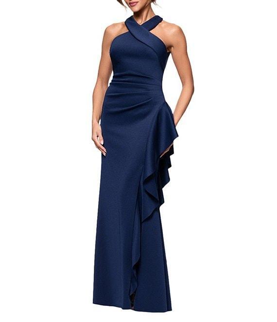 Xscape Petite Size Halter Neck Ruffle Tech Scuba Gown Product Image