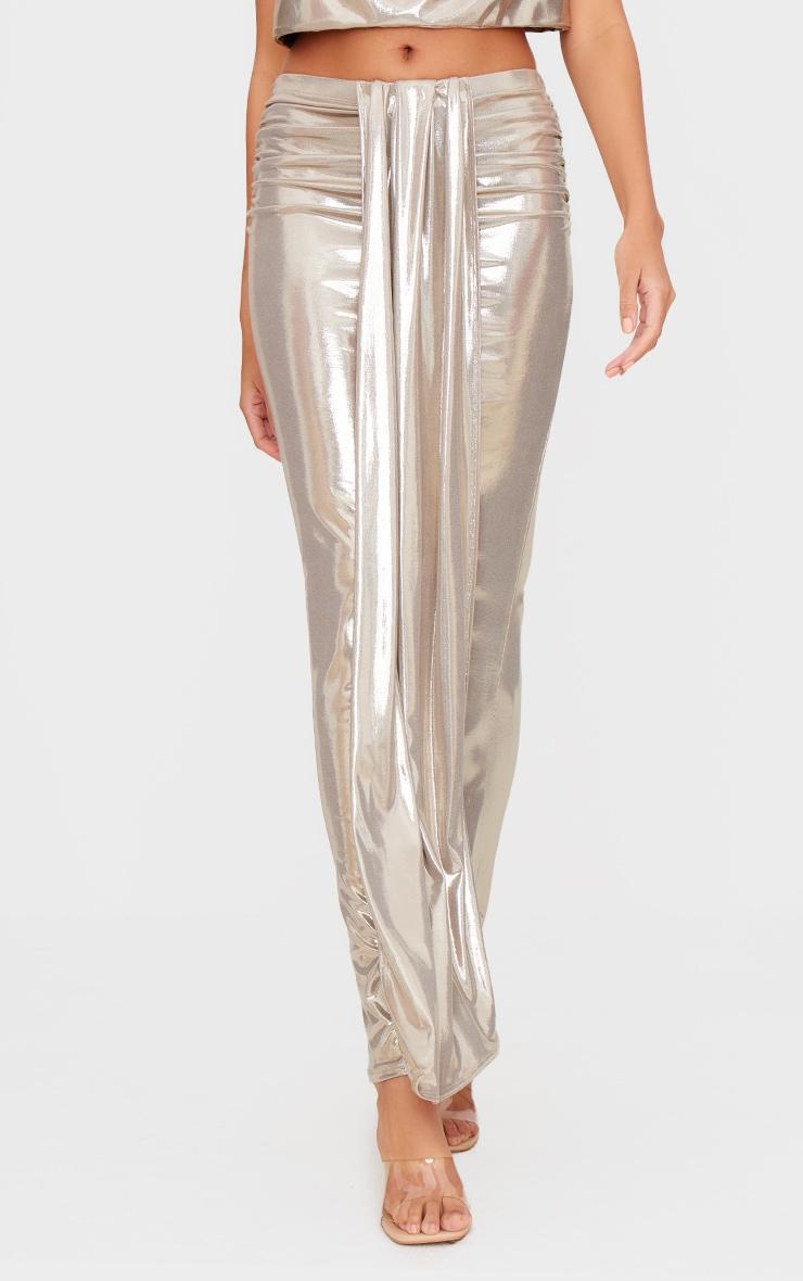 Gold Metallic Draped Maxi Skirt  Product Image