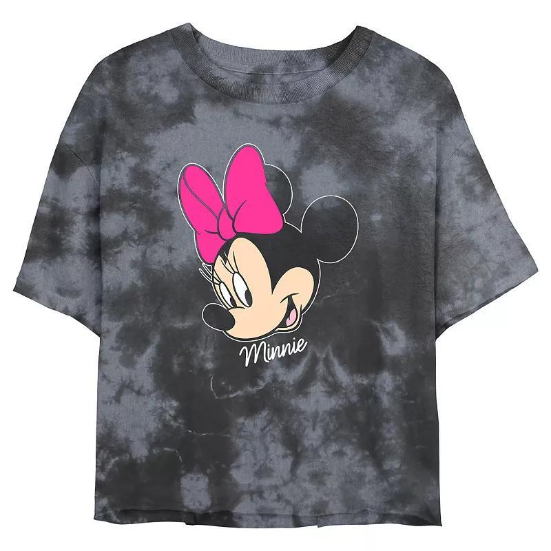 Disney's Minnie Mouse Juniors' Face Portrait Smile Wash Crop Tee, Girl's, Size: Medium, Black Grey Product Image