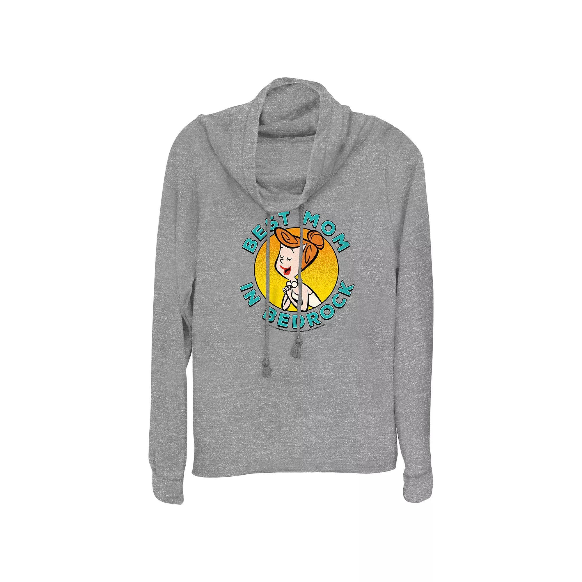 Women's The Flintstones Best Mom In Bedrock Cowlneck Graphic Lightweight Long Sleeve, Size: Small, Gray Grey Product Image