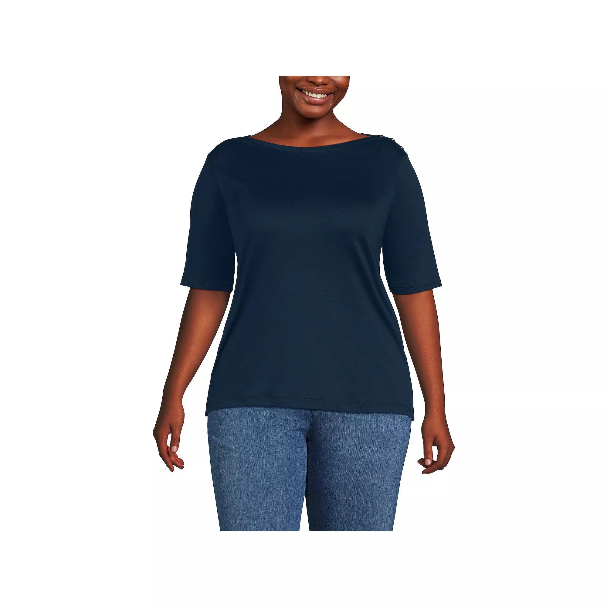 Plus Size Lands' End Elbow Sleeve Boatneck Button Shoulder Tee, Women's, Size: 1XL, Radiant Blue Product Image