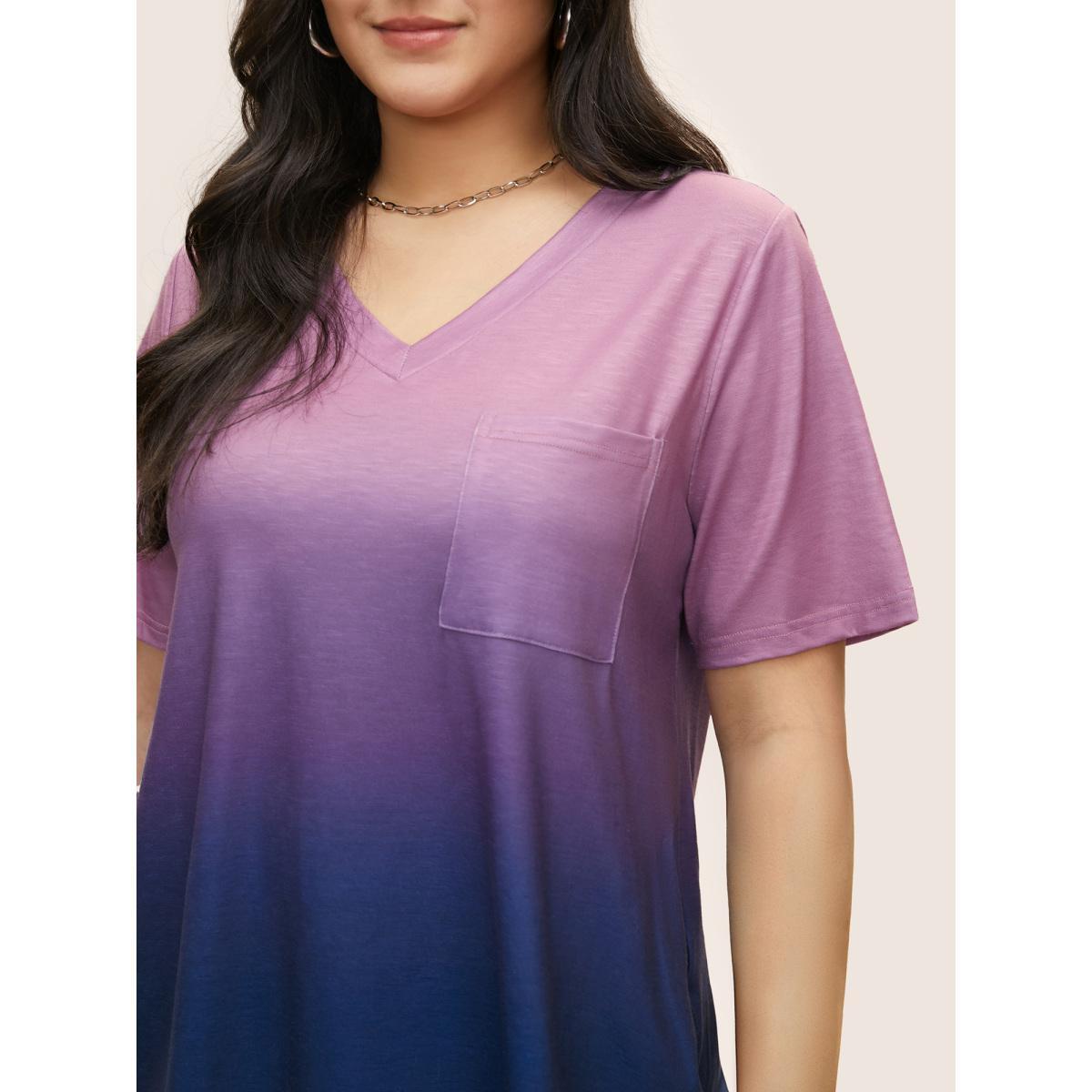 Plus Size Ombre Contrast Patched Pocket T-shirt Multicolor Women Leisure Non Ombre V-neck Casual T-shirts BloomChic 28/5X Product Image