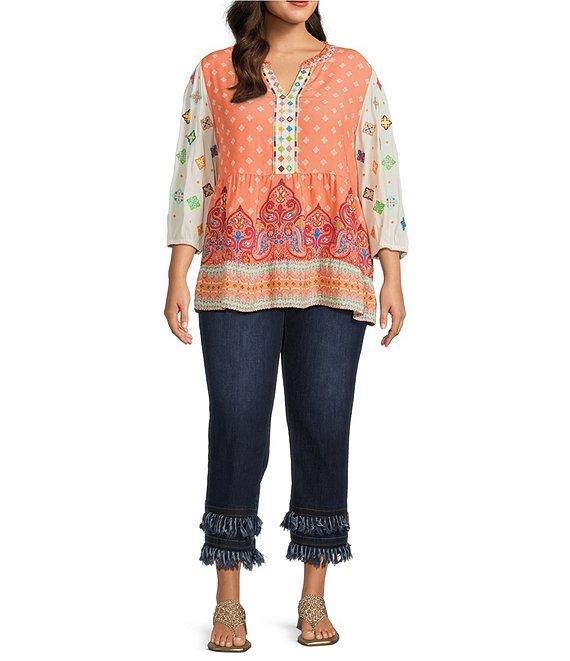 John Mark Plus Size Embroidered Mix Printed Split V-Neck 3/4 Bubble Sleeve Tunic Product Image