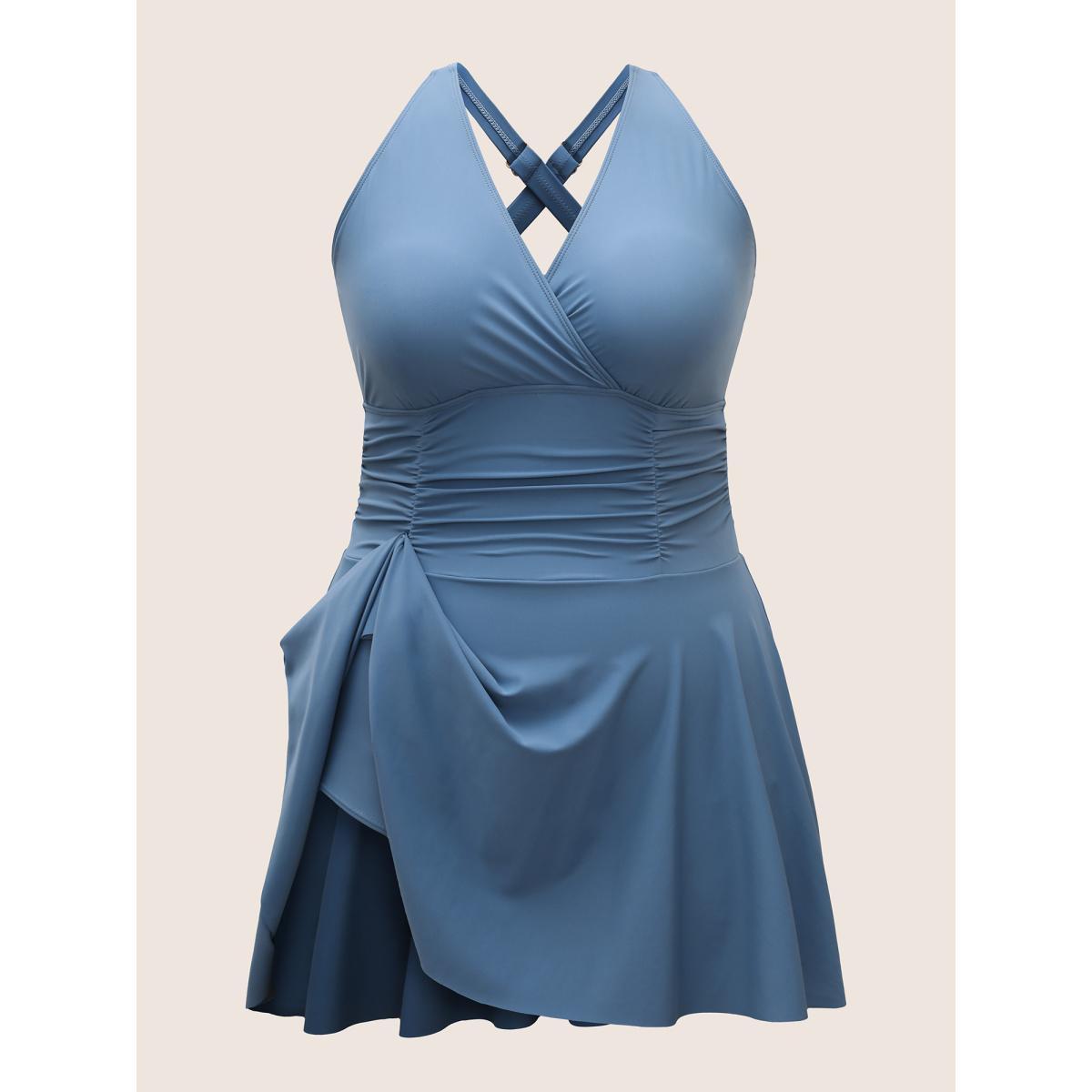 Plus Size Plain Overlap Collar Ruched Swim Dress Women's Swimwear Aegean Beach Bodycon Overlap Collar High stretch Curve Swim Dresses BloomChic 22-24/3X Product Image